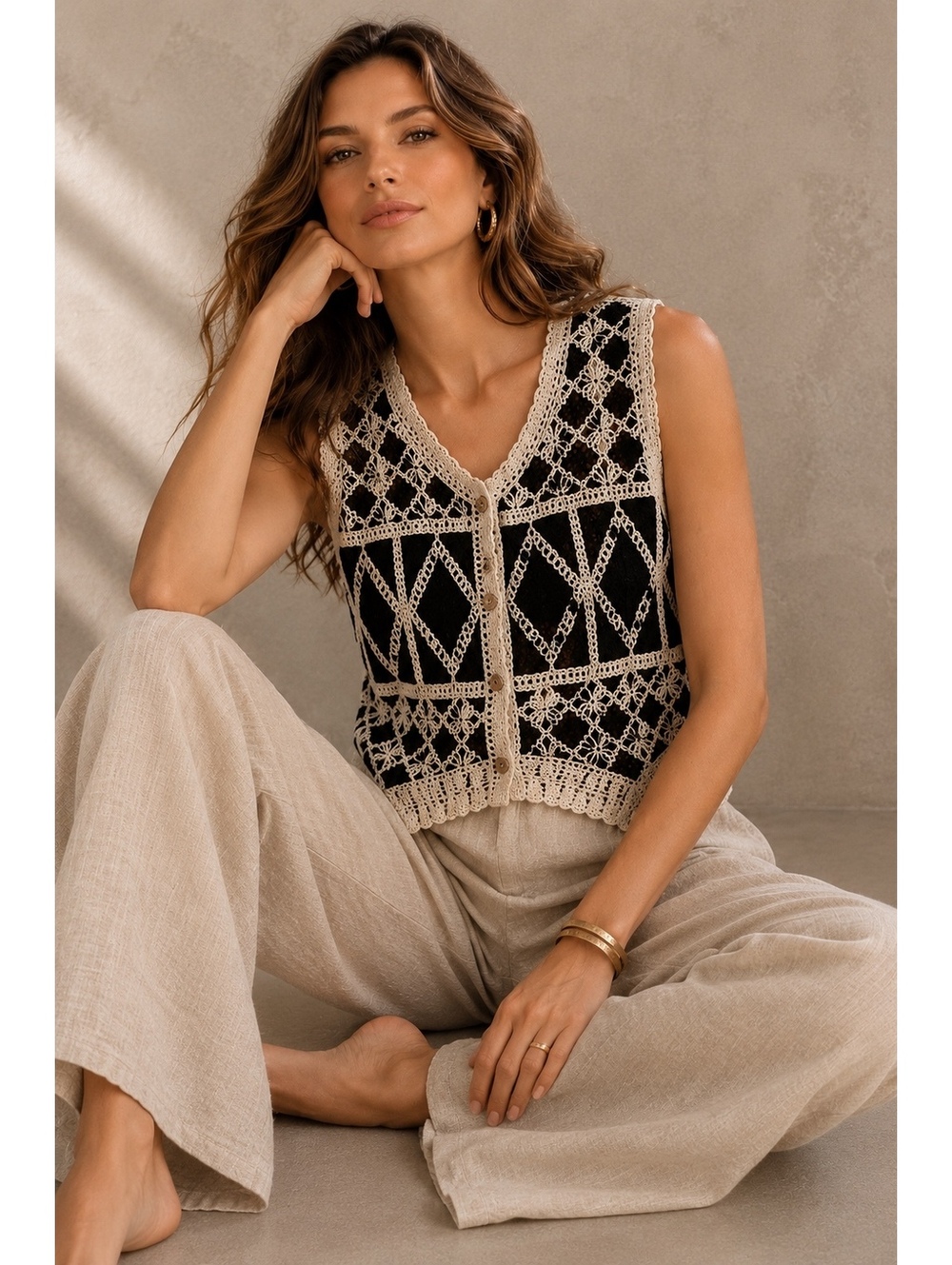 Handmade size M Black and Beige Crochet Vest with Button Front